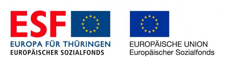 Es sind die Logos des Europäischen Sozialfonds zu sehen. Es steht in roter Schrift ESF geschrieben. Daneben befinden sich zwei blaue Flaggen mit weißen Sternen. Darunter steht Europa für Thüringen Europäischer Sozialfonds und Europäische Union Europäischer Sozialfonds geschrieben.  
