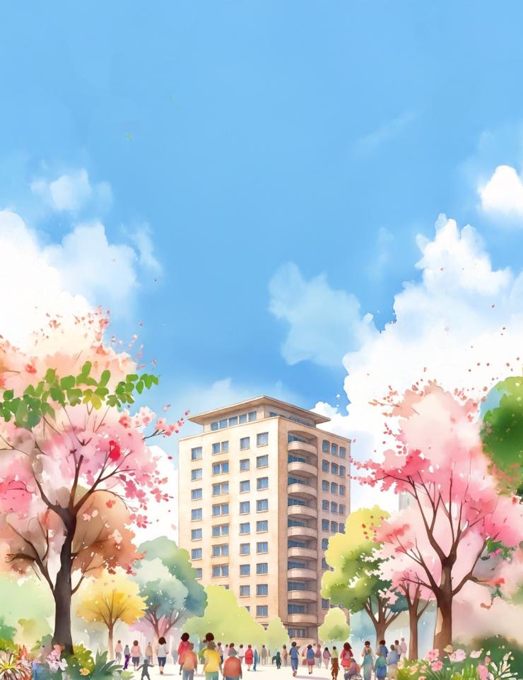 Auf der Grafik ist ein Hochhaus vor blauem Himmel mit weißen Wolken zu sehen, im Vordergrund bunte Bäume und viele Menschen