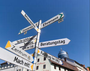 Ein Wegweiser mit vielen Richtungsweisern vor blauem Himmel