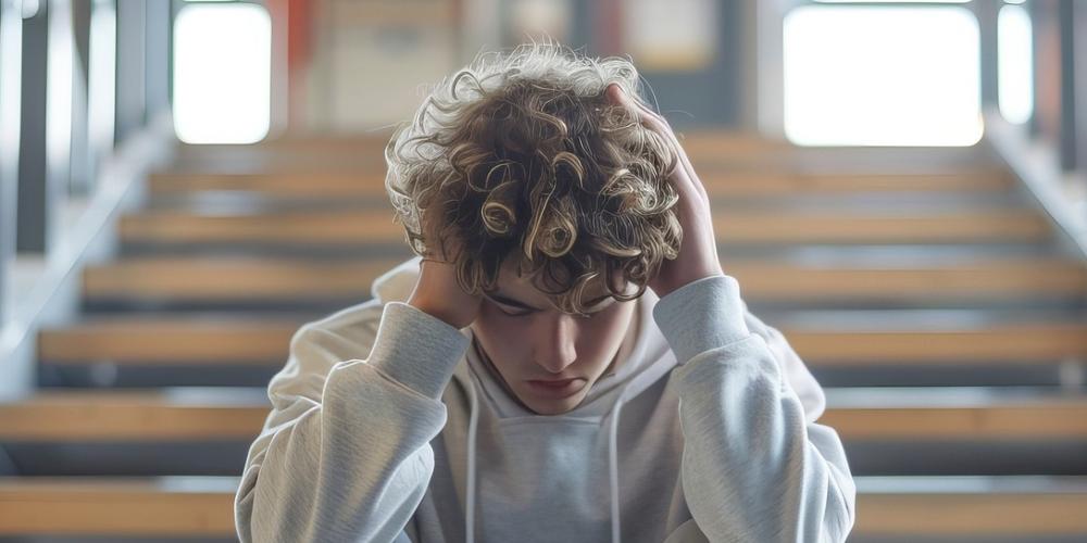 Ein Teenager sitzt allein auf einer Treppe und hält sich die Ohren zu