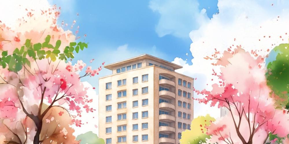 Auf der Grafik ist ein Hochhaus vor blauem Himmel mit weißen Wolken zu sehen, im Vordergrund bunte Bäume und viele Menschen