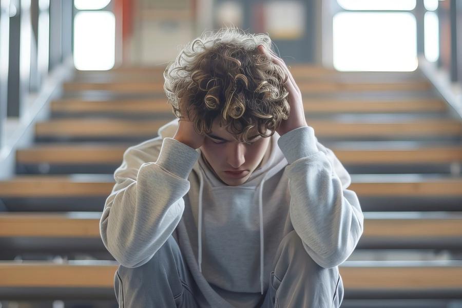 Ein Teenager sitzt allein auf einer Treppe und hält sich die Ohren zu