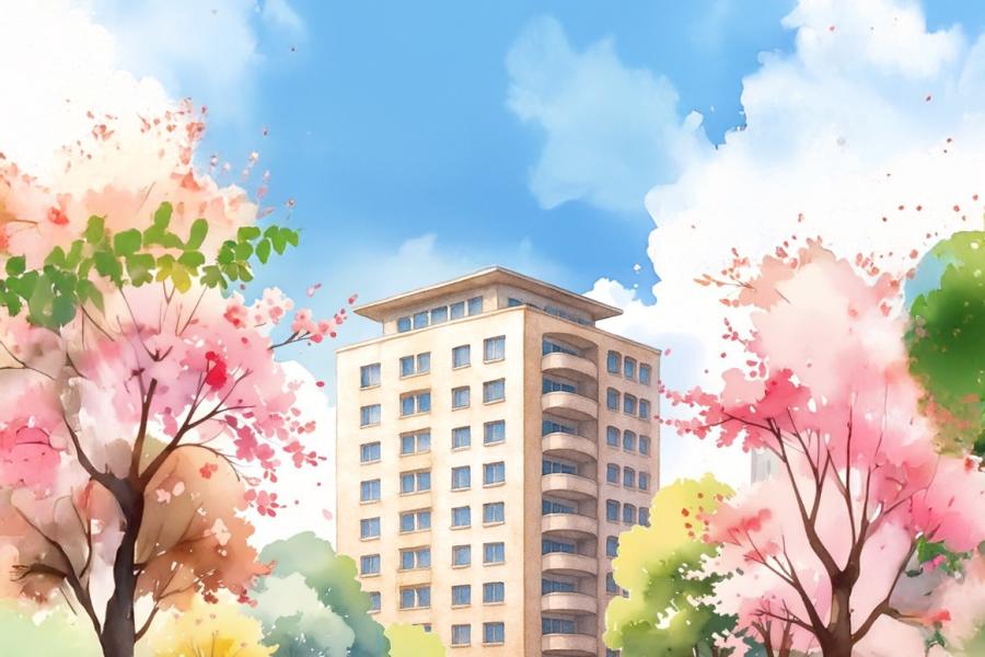 Auf der Grafik ist ein Hochhaus vor blauem Himmel mit weißen Wolken zu sehen, im Vordergrund bunte Bäume und viele Menschen