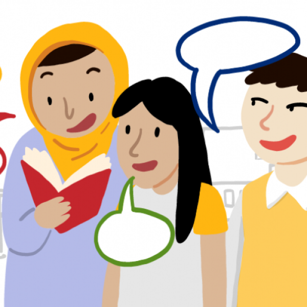 4 Personen mit Sprechblasen: Ein alter Herr mit Hut, eine Frau mit Kopftuch schaut in ein Buch, eine junge Frau und ein junger Mann.