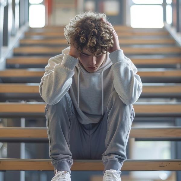 Ein Teenager sitzt allein auf einer Treppe und hält sich die Ohren zu